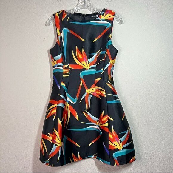 Boohoo Black Satin Tropical‎ Sleeveless Fit & Flare Skater Dress Womens Size 6 - Picture 2 of 7